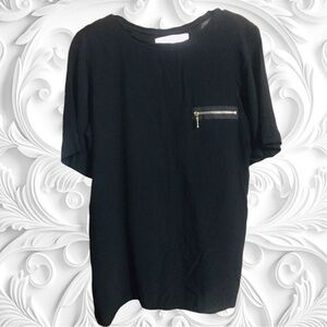 Zara Collection Black Woven Short Sleeve Top With Breast Zipper Pocket